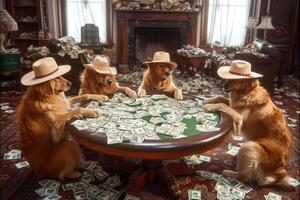 AI generated A group of dogs in hats sit at a table and play poker. Casino photo