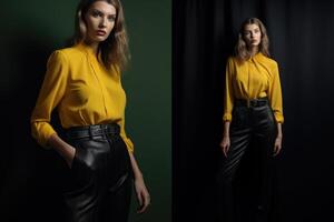 AI generated Fashionable stylish young girl in a yellow blouse and trousers on a dark background photo