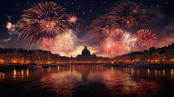 ai generado hermosa noche fuegos artificiales terminado el ciudad. festivo fuegos artificiales terminado el noche ciudad foto