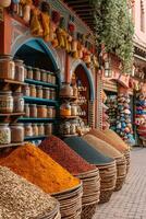 AI generated a colorful and characteristic bazaar of fragrant spices. Morocco, Marrakech photo