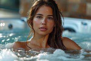 AI generated Portrait of a beautiful young girl in a hydro pool. SPA photo