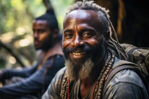 ai generado retrato de un alegre barbado viajero con un mochila en contra el antecedentes de naturaleza. Guinea foto