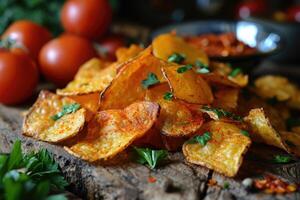 ai generado Fresco patata papas fritas dispersado en el mesa. un delicioso bocadillo foto