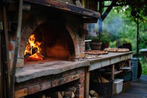 ai generado el parrilla zona en el villa con un flameante fuego. grande patio con Roca parrilla foto