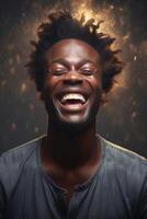 AI generated Portrait of a cheerful African in close-up on a black background in the studio photo