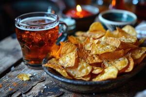 AI generated A glass of beer and potato chips in a plate on the table. Suitable for beer festival, pub, restaurant photo