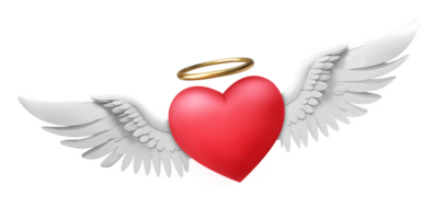 3d representación enamorado rojo corazón con ángel alas y anillo png