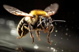 AI generated A bumblebee flying in the afternoon on a colorful blurred background. Macro photography photo