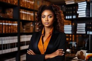 ai generado retrato de un elegante afroamericano bibliotecario en formal ropa, en pie en el Universidad biblioteca y mirando a el cámara foto