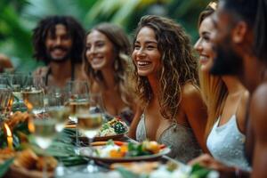 ai generado un grupo de amigos son sentado juntos a un festivo mesa fuera de y charlando bali foto