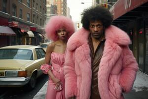 AI generated A gangster in a pink fur coat and a prostitute in a back alley on a city street photo