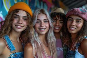 ai generado retrato de sonriente novias en verano ligero ropa en el antecedentes de el calle. un grupo de amigos foto