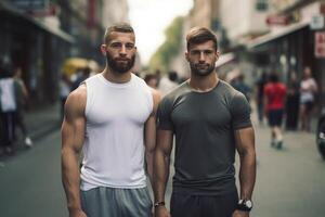 ai generado dos adulto atlético hombres confidente en ellos mismos, en pie en el calle de el ciudad durante el día foto