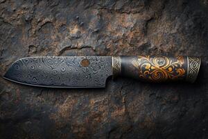 AI generated One Stylish Damascus steel kitchen knife on a wooden board photo