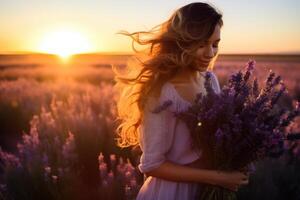 AI generated A girl in a field with lavender flowers at sunset in a dress photo