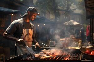 ai generado un afroamericano hombre cocineros carne en el calle en el ciudad en un parrilla. el concepto de calle comida foto