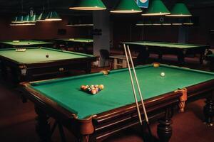 Billiard table with green surface and balls in the billiard club.Pool Game photo