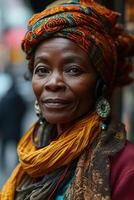 ai generado de cerca retrato de un mayor africano americano mujer vistiendo auriculares en un ciudad calle foto