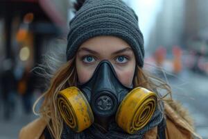 ai generado un niña en un gas máscara en un ciudad calle. protector respiración ayuda foto