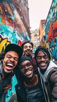 AI generated A reusable young group of happy people takes a selfie photo on a camera outside