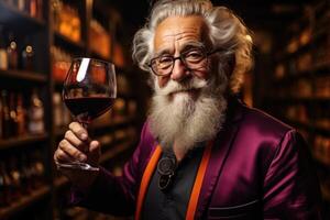 ai generado un seguro, anciano, positivo, sonriente hombre con un barba saboreo rojo vino en su vino cava foto