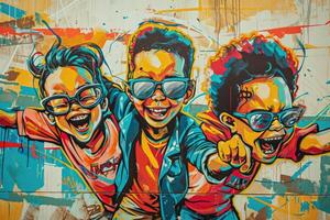 AI generated Graffiti on the wall of children in bright clothes. Colored background photo