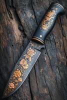 AI generated One Stylish Damascus steel kitchen knife on a wooden board photo