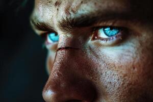 AI generated Close-up of a smeared serious male face with blue eyes on a dark background photo