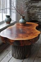 AI generated A designer wooden table in the interior of the room. Modern design photo