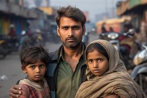 ai generado retrato de un joven indio familia de un padre con dos niños en un ciudad calle foto