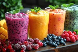 ai generado verano vistoso Fruta batidos en lentes en el mesa. bayas y frutas son acostado cerca foto