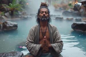 ai generado un hombre sentado en el agua practicando yoga , disfrutando meditación foto