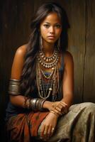 AI generated Portrait of a Polynesian girl from the Pacific island of Tahiti. French Polynesia photo