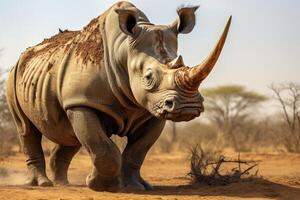 ai generado un negro rinoceronte en el pastizales de el sabana . en peligro de extinción animales foto