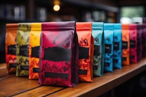 AI generated Colorful patterned coffee packaging stands on the table photo