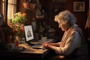 ai generado un inteligente mayor mujer se sienta a hogar a su computadora y estudios. foto