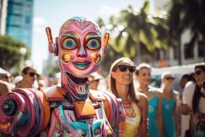 AI generated A cheerful colored robot walks along a city street against a background of many people photo