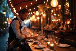 AI generated The waiter in the restaurant sets the dishes for the festive table. Evening atmosphere photo