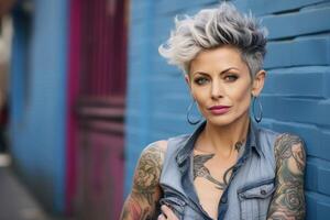 AI generated A mature strong woman with gray hair and tattoos on the background of a city street photo