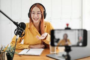 Live Podcast Session with Smiling Female Host photo