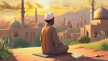 muçulmano homem sentado e Rezar com Visão do mesquita, vídeo animado fundo video
