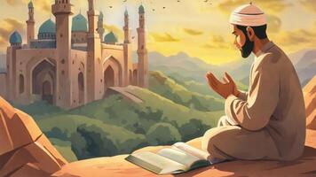 AI generated Muslim man sitting and praying with view of mosque, video animated background