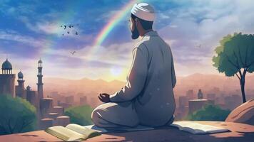 AI generated Muslim man sitting and praying with view of mosque, video animated background