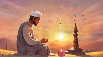 Muslim Mann Sitzung und beten mit Aussicht von Moschee, Video animiert Hintergrund