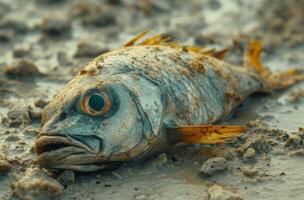 ai generado muerto pescado mentiras en seco tierra, agua escasez imagen foto