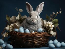 AI generated Cute rabbit sits in a basket with colorful eggs, easter bunny picture photo