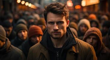 AI generated A man stands confidently before a crowd presenting with passion and engaging the audience, urban transportation image photo