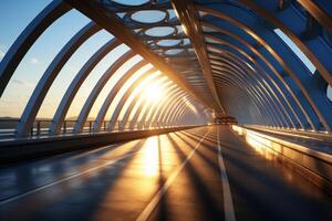 AI generated Sunlit bridge with radiant light beams creating a picturesque scene of beauty and tranquility, urban transportation image photo