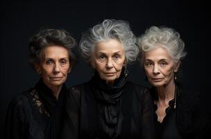 AI generated Three elderly women posing for a photo, age acceptance picture photo