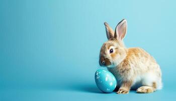 ai generado Pascua de Resurrección conejito Conejo regalos un azul pintado huevo en un azul fondo, bebé animales imagen foto
